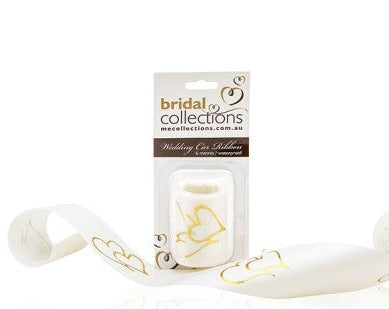  Gold deluxe wedding car ribbon with embossed twin heart print, 6 metres long, waterproof and suitable for decorating standard cars.