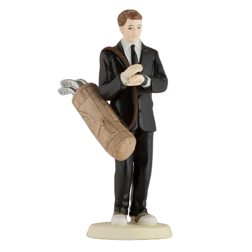 Hand‑painted porcelain golfing groom cake topper, 14cm tall