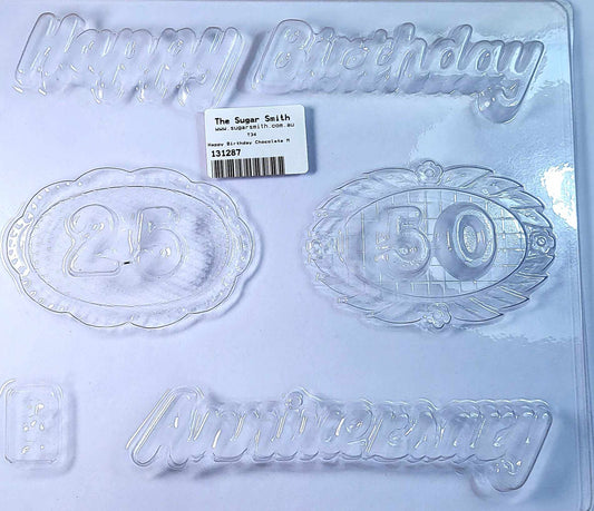 Crafted from food-safe plastic, this mould is ideal for use with chocolate, fondant, candy melts, or isomalt, delivering crisp, elegant results for any celebration.
“Happy Birthday” wording  “25th” plaque,  “50th” plaque,  “Anniversary” wording
