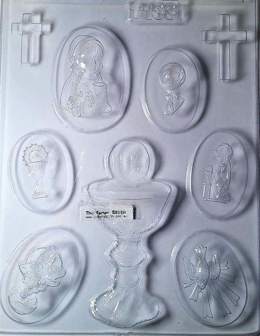 A clear chocolate mould with various shapes including figures and objects related to Holy Communion celebrations.
