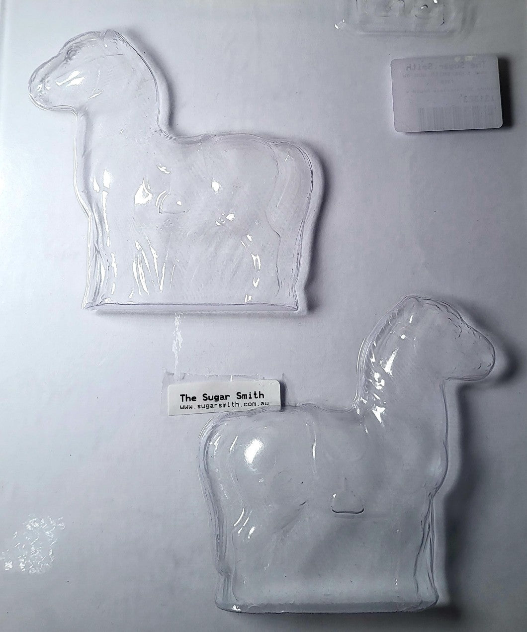 A 3D chocolate mould in the shape of a horse, displayed on a white background, with a label indicating 'The Sugar Smith' brand.