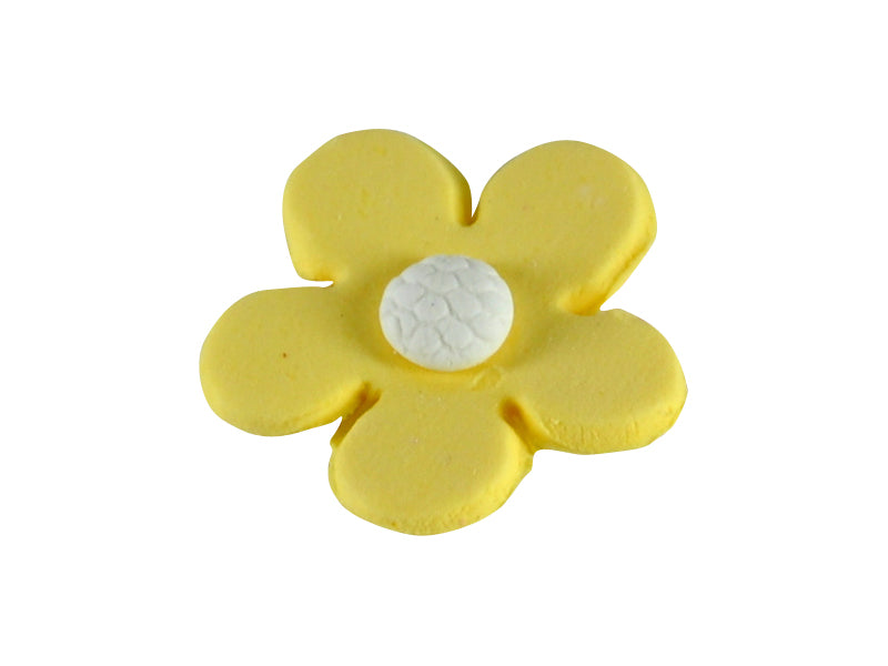 A single yellow lemon blossom with a white center, designed for use as an edible baking decoration.