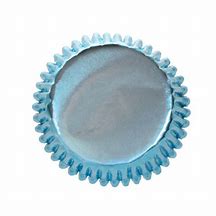 A light blue foil cupcake case with a textured edge, designed for baking and presentation purposes.