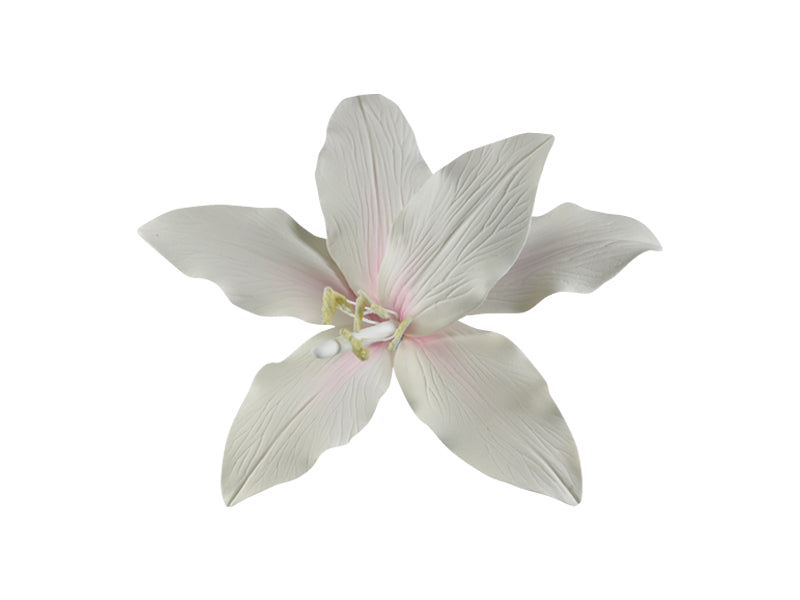 Inspired by the beauty of nature, this handcrafted gum paste flower is delicately tinted with a subtle hint of pink in its center, creating an elegantly understated complement to the lily-white petals.
A perfect decoration for any occasion, this exquisite flower takes the classic icing bloom and elevates it to a luxurious level.