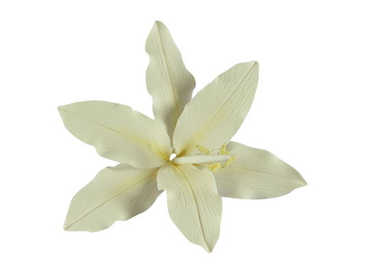 A handcrafted gum paste flower with a lily-white petal design and a yellow/green center.