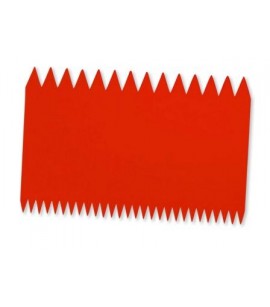 Loyal red plastic 2-sided comb scraper, 112 × 75 mm, for textured cake finishes.