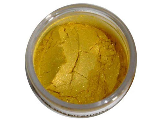 A small container of yellow lustre dust, used for adding color and sparkle to edible decorations.