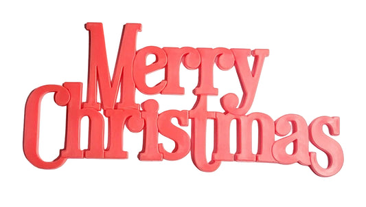 Large plastic Merry Christmas signs, red, approx. 13.8cm x 6.2cm, used for decorating cakes or platters. Non‑edible decoration, remove before serving.