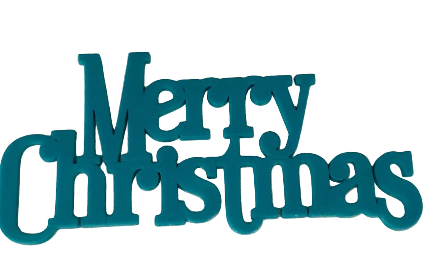 Large plastic Merry Christmas signs, teal, approx. 13.8cm x 6.2cm, used for decorating cakes or platters. Non‑edible decoration, remove before serving.