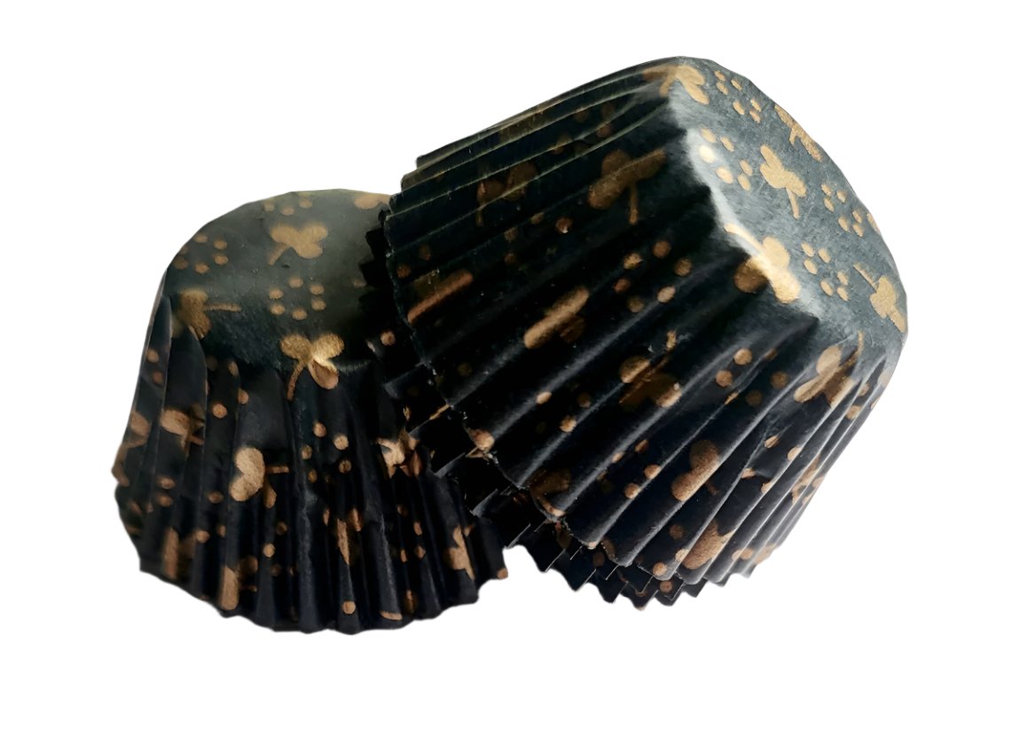 Mini black and gold paper cupcake cases with a 2.2cm base, used for baking small treats.