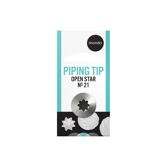 Packaging of a stainless steel icing nozzle tip by Mondo, designed for creating open stars, shell boarders, and drop flowers.