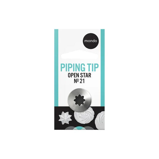 Packaging of a stainless steel icing nozzle tip by Mondo, designed for creating open stars, shell boarders, and drop flowers.