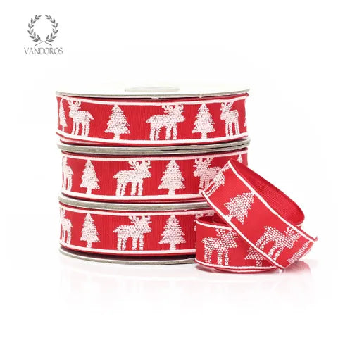 Nordic Red Ribbon with White Reindeer & Tree