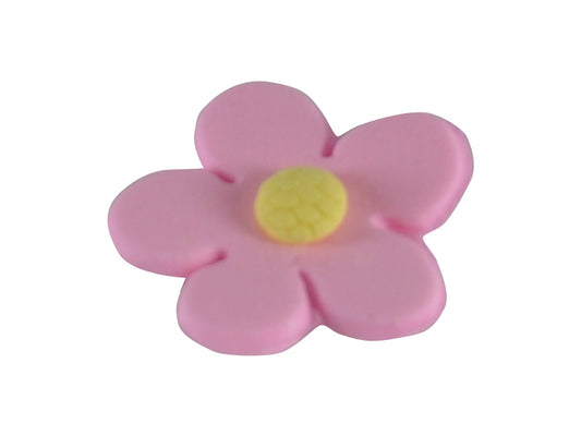A pink artificial blossom with a yellow centre, designed for cake decoration.