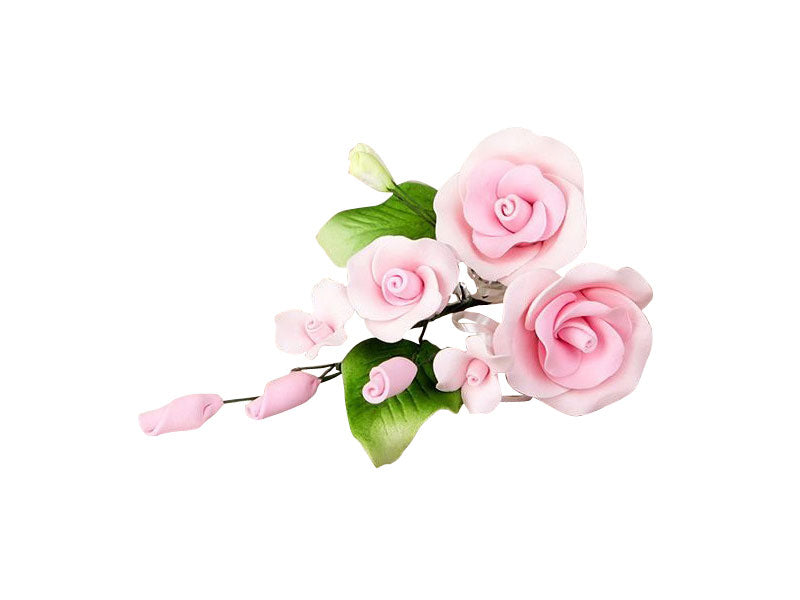 A pink medium rose spray made of gum paste designed for cake decorating.