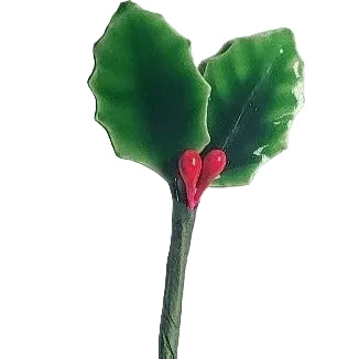  Mini plastic holly sprigs with green leaves on wire stems, pack of four, approx. 8.8cm tall, used for decorating cakes and platters. Non-edible decoration, remove before serving.