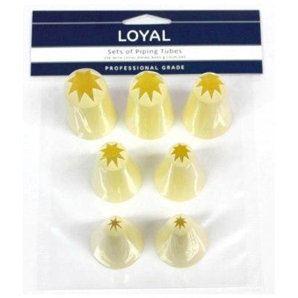 Set of seven plastic star piping nozzles ranging from 3mm to 15mm.