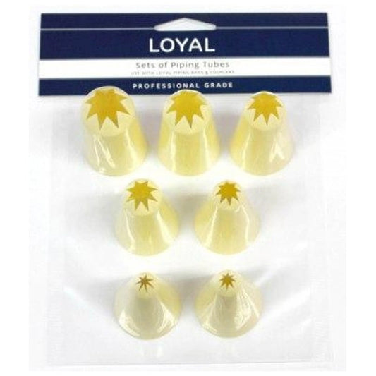 Set of seven plastic star piping nozzles ranging from 3mm to 15mm.