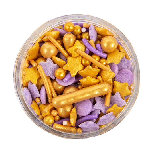 Purple Passion Sprinkles are the perfect addition to any baking project.
Featuring a striking color combination of purple and gold, these sprinkles will add a beautiful finishing touch to your cupcakes, sugar cookies, or other cake creations.
It can also be used as an eye-catching table decoration.
Size: 100g