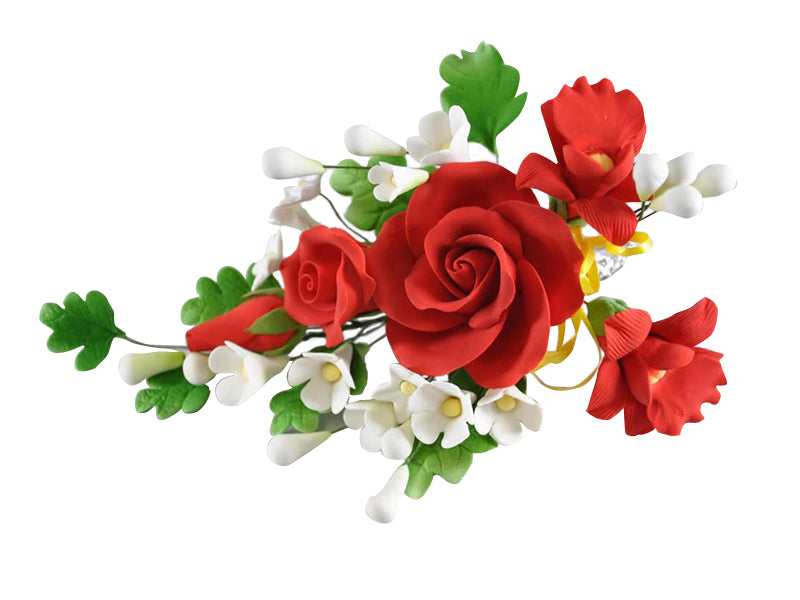 Large red tea rose sugar paste spray with white and yellow filler flowers and green leaves for elegant cakes.