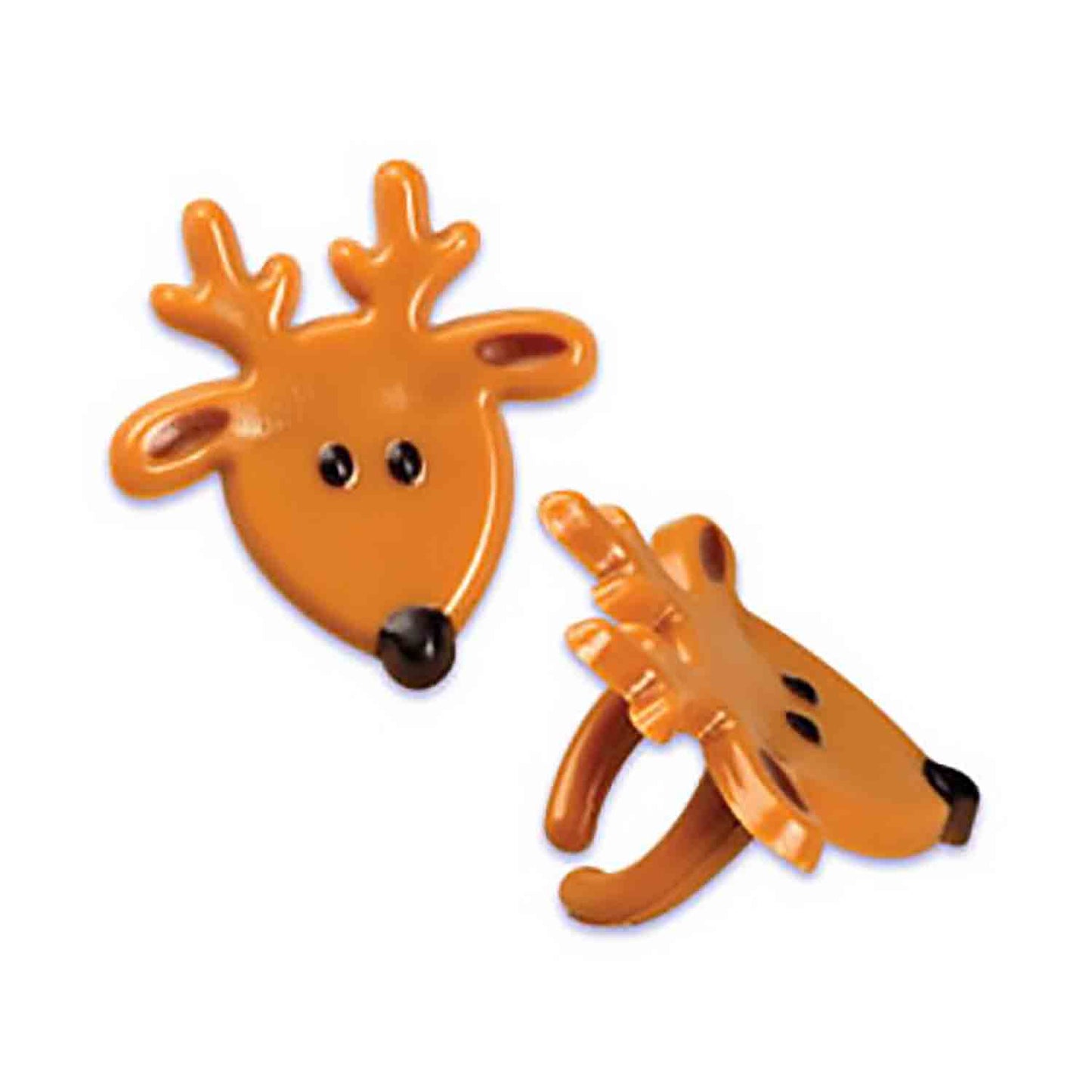 A set of two brown plastic reindeer head rings, intended for use in cake decorating or as festive wear.