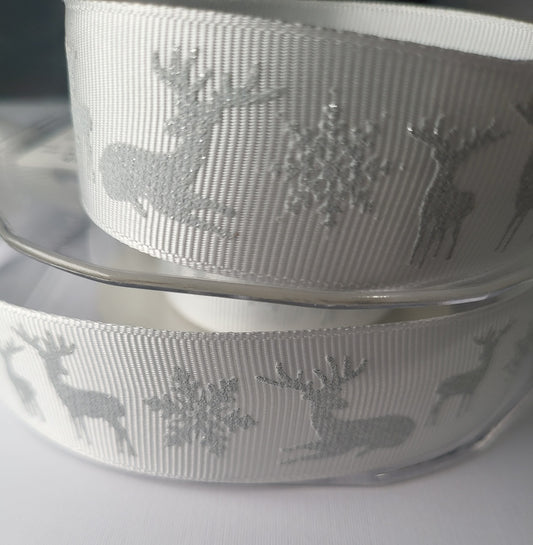 White Ribbed Ribbon with Silver Sparkle Reindeer & Star