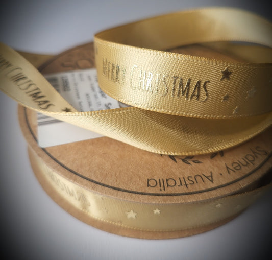 Gold Ribbon with Matt Gold Merry Christmas Script & Stars