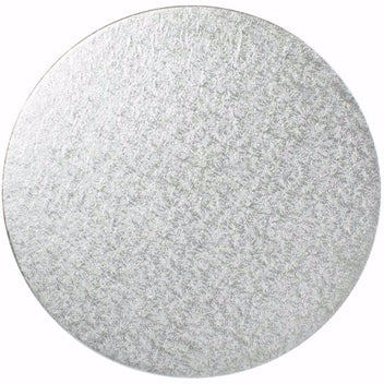 12-inch round Mondo silver cake board made from 5mm masonite, food‑safe and grease‑resistant.