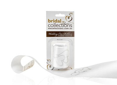 Silver deluxe wedding car ribbon with embossed twin heart print, 6 metres long, waterproof and suitable for decorating standard cars.