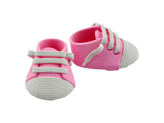 Handcrafted pink sneaker shoes with laces. Sugar paste pair. Approx 2.5" x 1.5".