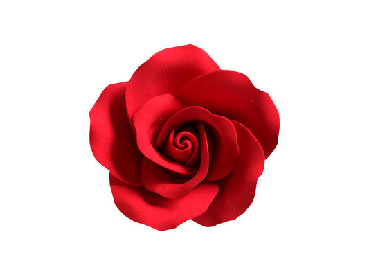 Red tea rose sugar paste flower with wired petals, ideal for romantic cake designs and floral sprays.