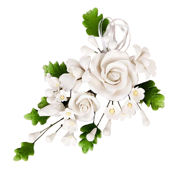 Decorative flower arrangement with white roses and green leaves on a white background