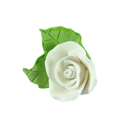 Add a delicate touch to your cupcakes and cakes with our Tea Rose White with Leaves, crafted from RTR/fondant. This petite flower features a single white tea rose paired with two green leaves, offering a clean and elegant finish.