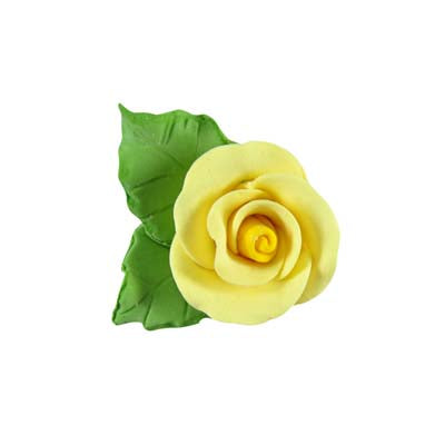 Brighten up your cupcakes and cakes with our Tea Rose Yellow with Leaves, crafted from sugar paste. This petite decoration features a single yellow tea rose paired with two green leaves, offering a cheerful and elegant finish.