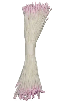 A bundle of pink cotton flower stamens with fine stems and a matte finish, intended for use in cake decorating.
