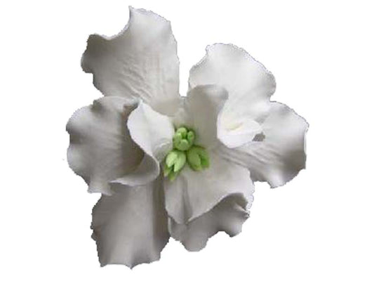 A white sugar flower designed to resemble an iris, suitable for cake decorating.