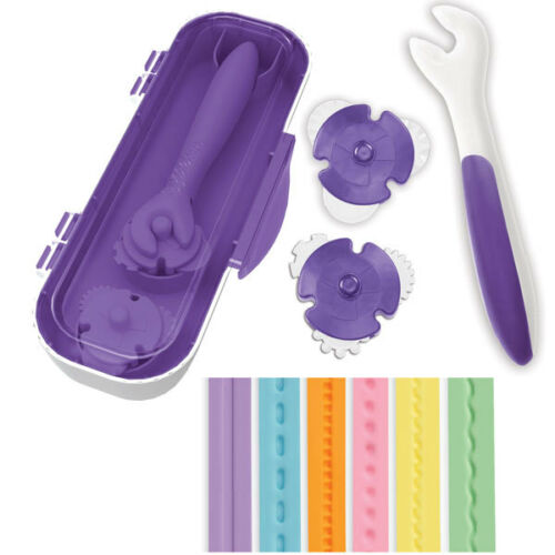 Wilton Detail Embosser kit with interchangeable embossing wheels and roller handle, used for adding textured patterns to fondant. Includes dash, bead, zigzag, wavy, stitch and dot designs. Available from The Sugar Smith