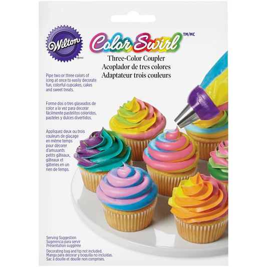 Wilton Multi Color Coupler shown as a plastic tri‑colour piping tool with interlocking pieces, used for creating double or triple‑colour icing swirls on cakes and cupcakes.