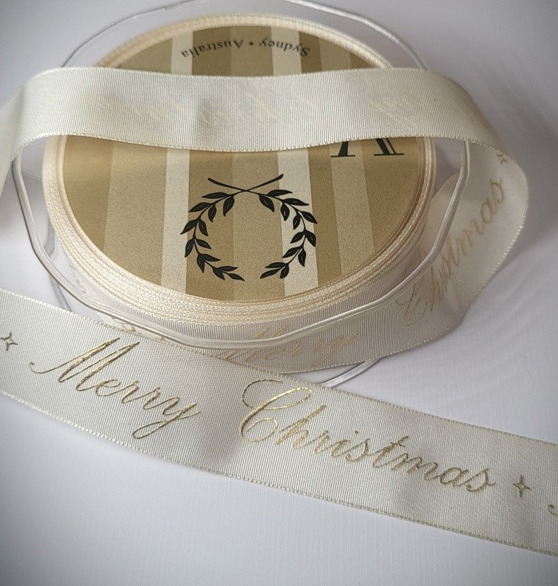 Merry Christmas Calligraphy Ivory & Gold Ribbon