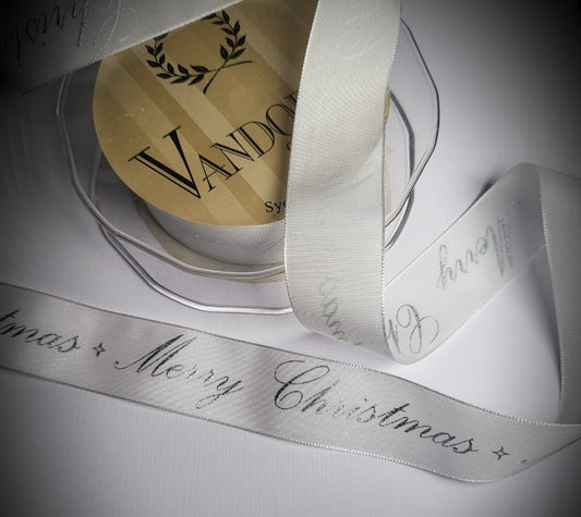 Merry Christmas Calligraphy White & Silver Ribbon